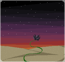 A pixel art rose in front of sand dunes.