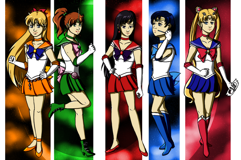 The five Inner Senshi stand together in front of a space background.