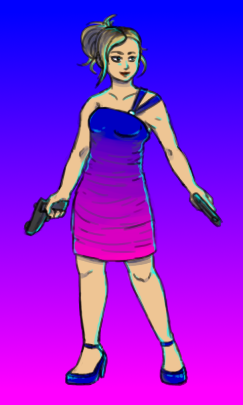 A woman wearing a blue and pink dress with guns in both hands.