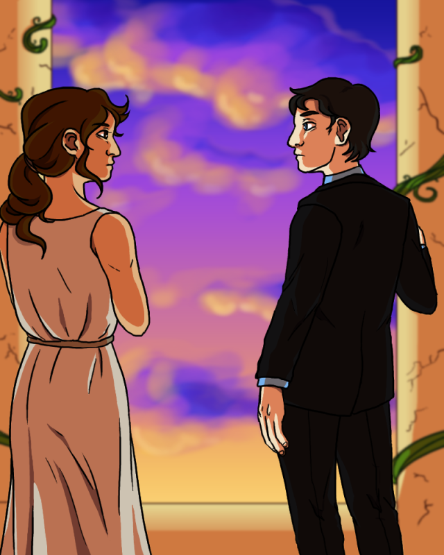 A woman in a Greek dress and a man in a suit stand in front of a sunset.