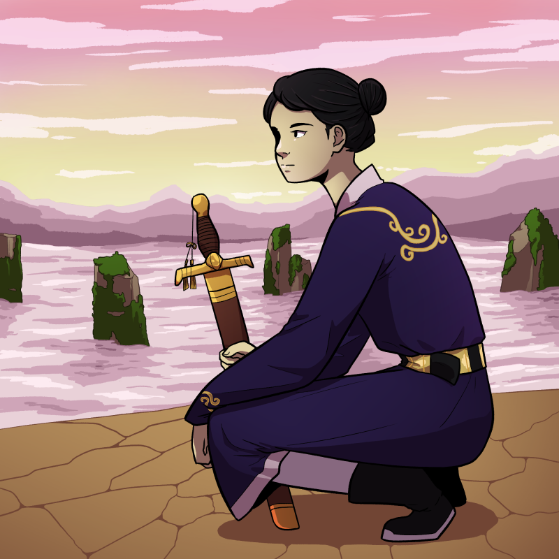 A woman kneels on a clifftop above the clouds. She is holding a sword.