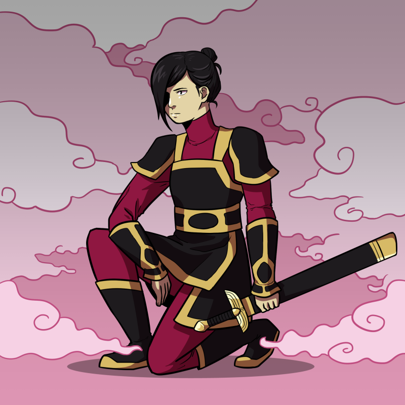 A woman with a sword kneels down. There are pink clouds surrounding her.