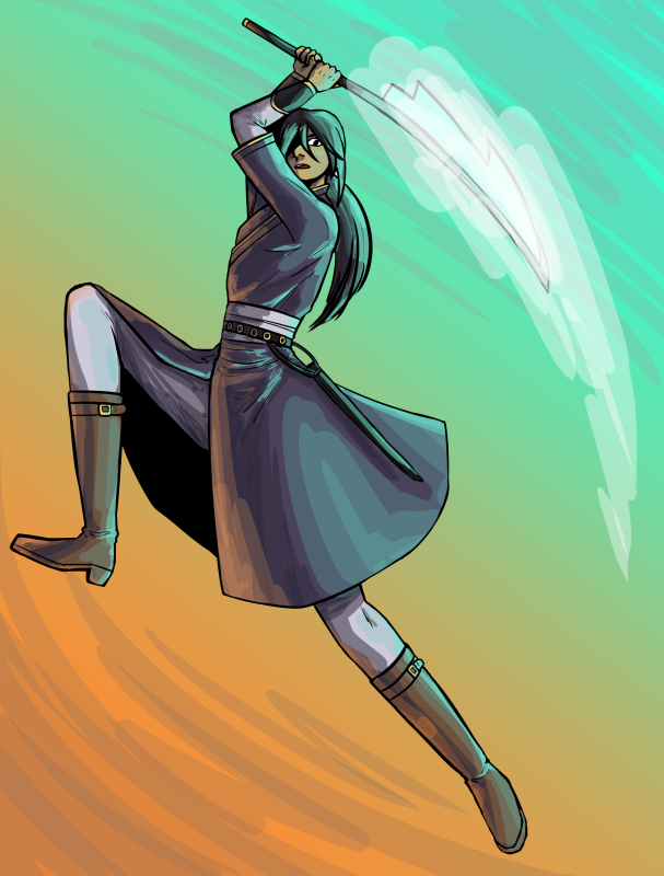 A person leaps into the air with a sword in their hands.