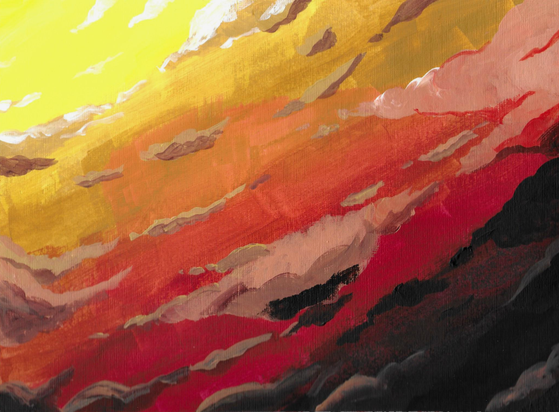 An acrylic painting of clouds at sunset.