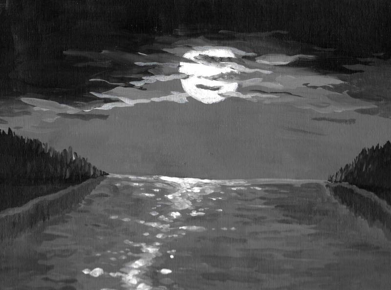 A black and white acrylic painting of the moon behind clouds. The moon is reflected in the water below.