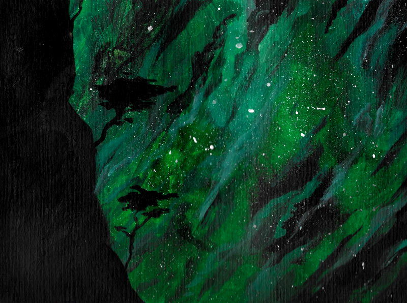 An acrylic painting of the side of a mountain with trees. The sky in the background is green and black with stars.