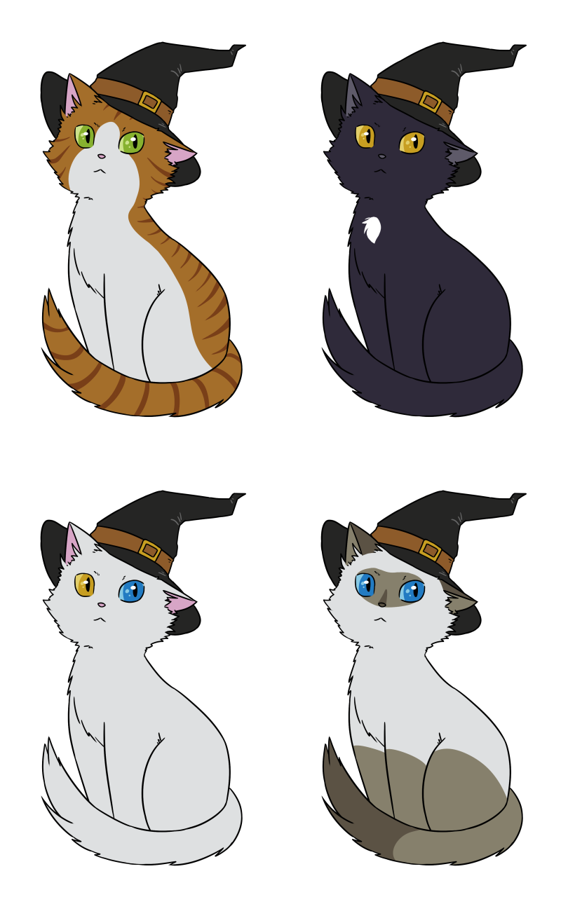 Four cats of various colors wearing witch hats.