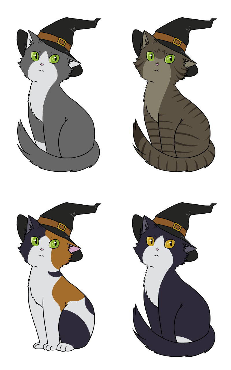 Four cats of various colors wearing witch hats.