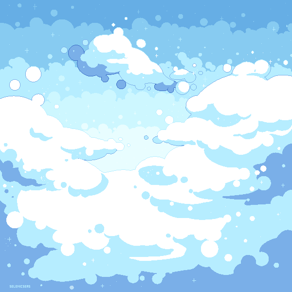 A pixel art scene of some fluffy clouds in the sky.