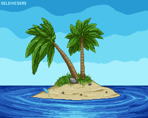 A pixel art scene of two palm trees on a small desert island. Thre is a bottle in the sand.