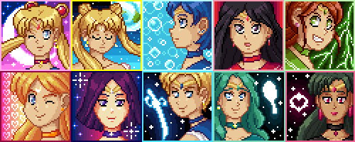 Pixel art icons of the Sailor Senshi.