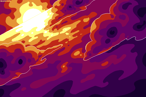 A vibrant pixel art scene of clouds over the ocean at sunset.