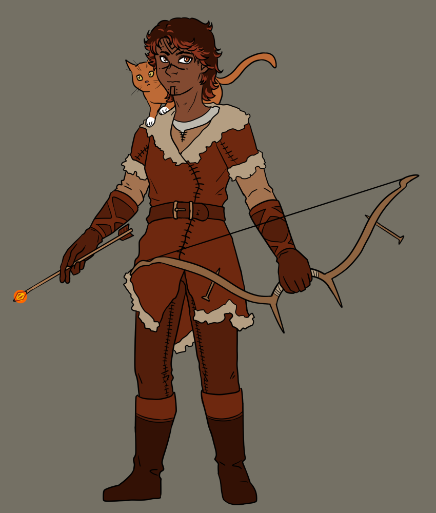 An elf with a bow and flaming arrow. Thre is an orange cat on his shoulder.