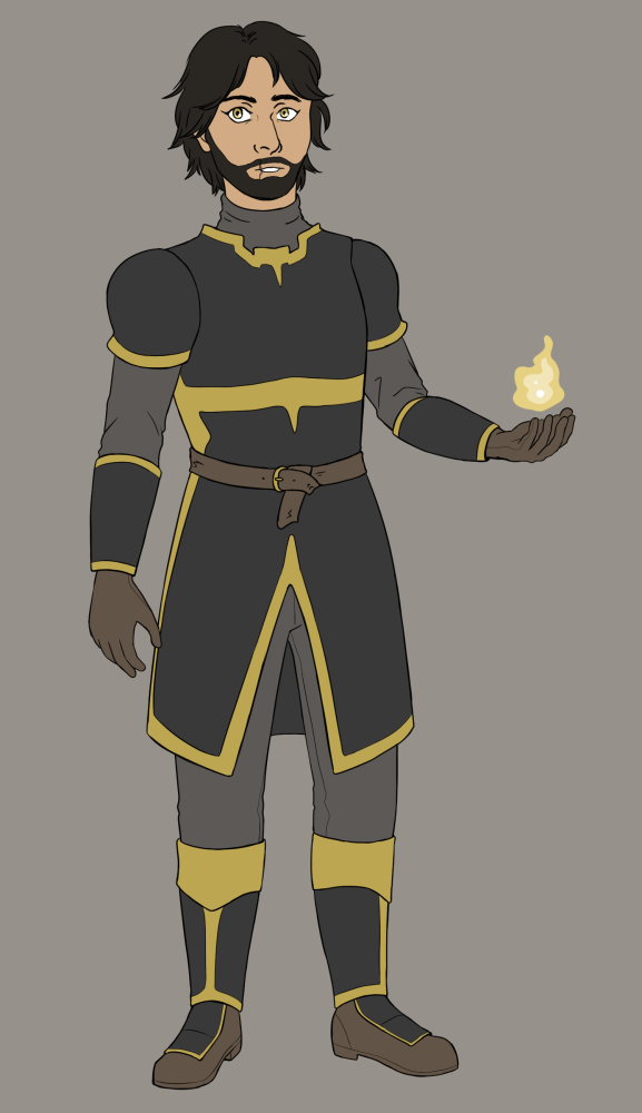 A man in black and gold armor stands with a golden flame in his hand.