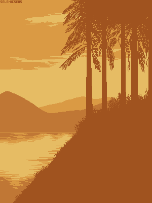 A pixel art scene of trees on a mountain overlooking a lake. It is sunset.