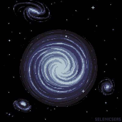 A pixel art scene of one large spiral galaxy, and three galaxies in the background.