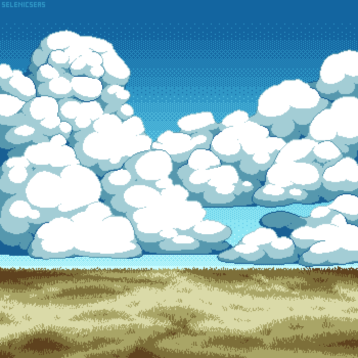 A pixel art scene of large, fluffy cumulonimbus clouds over the prairie.