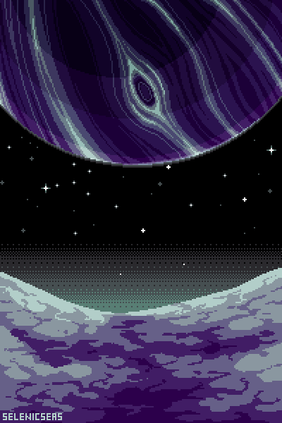 A purple planet takes up most of the sky over the landscape of a purple moon.