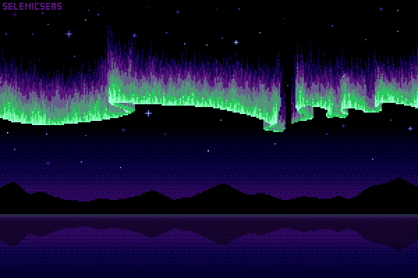 A green and purple aurora over a lake. There are mountains in the background.