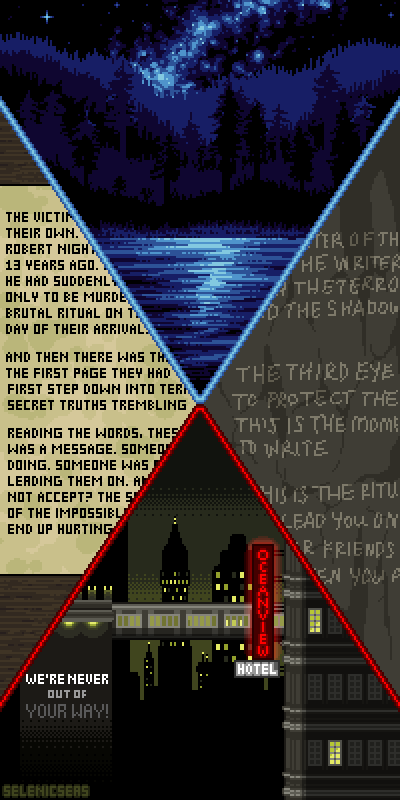 A pixel art piece of Cauldron Lake at night and Noir York City.