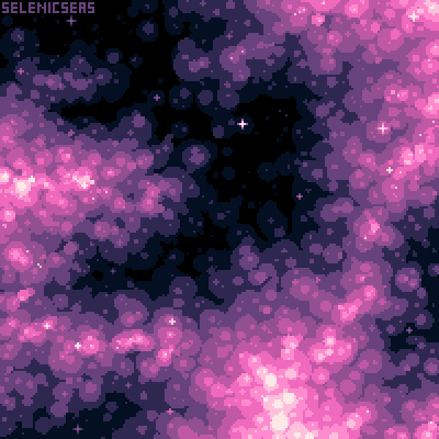 A pixel art piece of a bubbly pink and purple nebula.