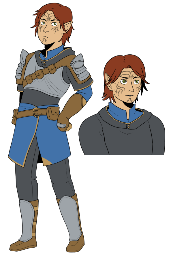 A fullbody and headshot of Warden Emrys Mahariel.