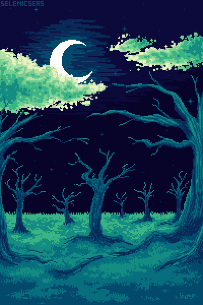 A pixel art depiction of skeletal trees in a field of grass. There is a crescent moon behind clouds.