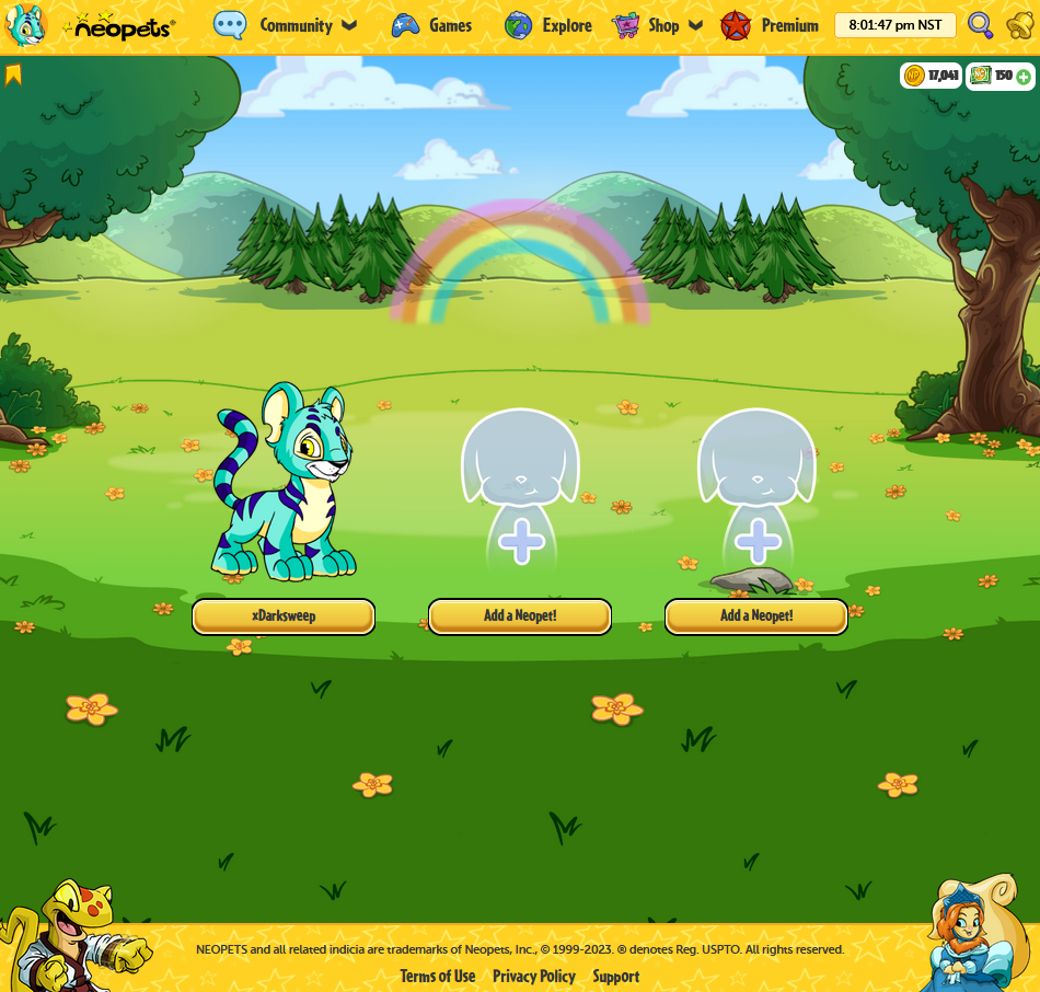 The Neopets landing page, showing one pet: a blue Kougra called xDarksweep.