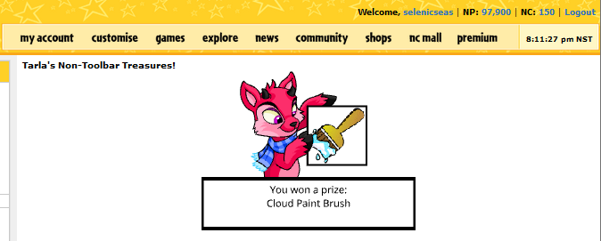 Winning a Cloud Paintbrush from Tarla's Non-Toolbar Treasures.