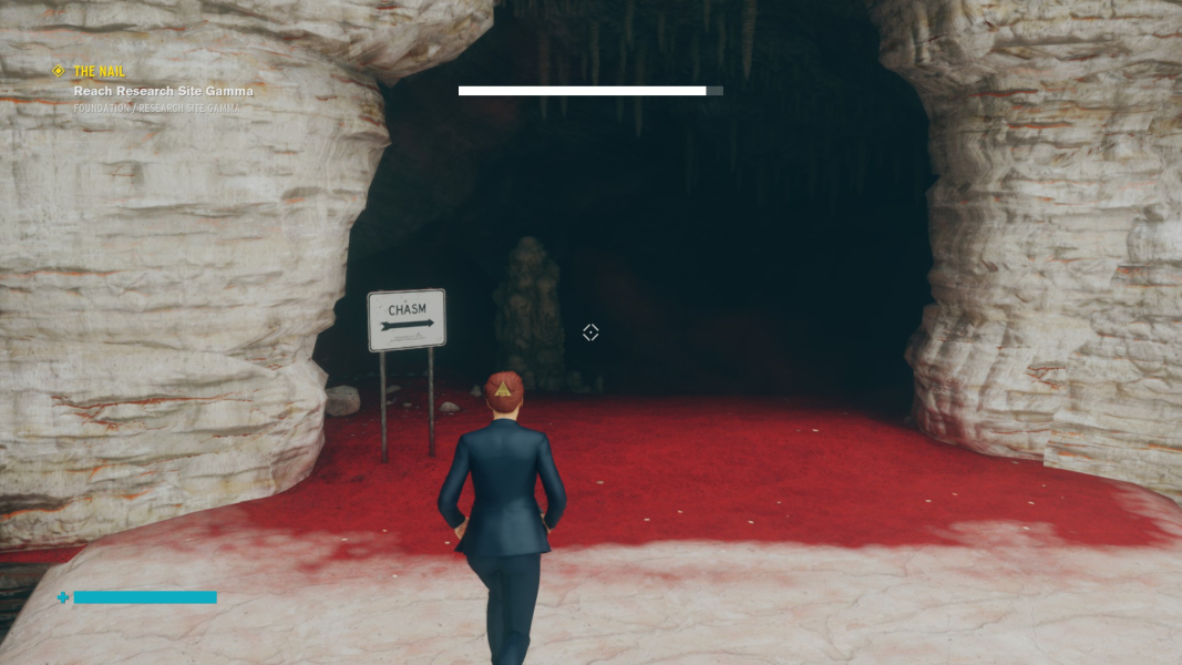 Jesse stands in front of a sign pointing to a Chasm.