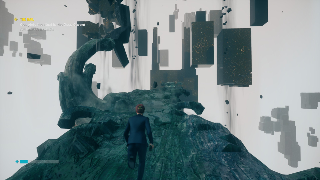 Jesse runs across a bridge in the collapsing Astral Plane.
