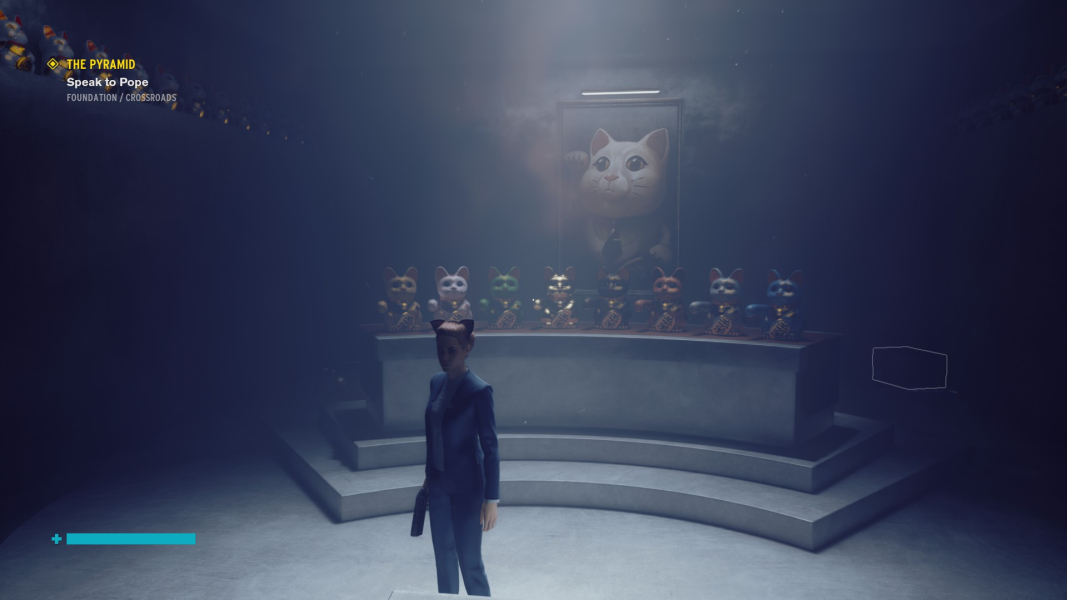 Jesse stands inside the maneki-neko room, wearing cat ears.