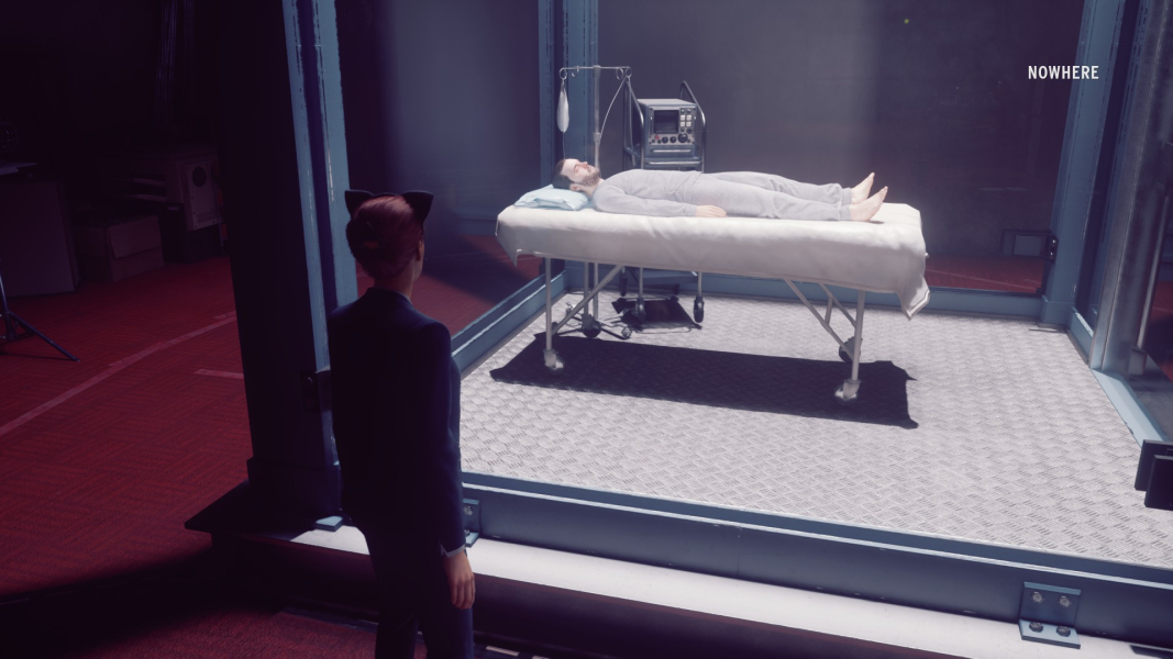 Jesse stands in front of Dylan's containment cell. He is still unconscious. Jesse is also wearing cat ears.