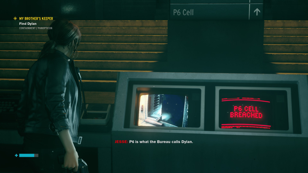 Jesse looking at a couple of monitors. One reads 'P6 cell breached'.