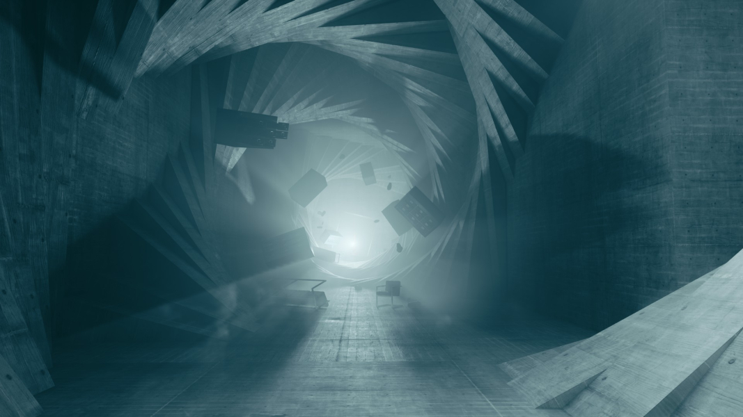 The spiraling hallway created by the Benicoff TV.