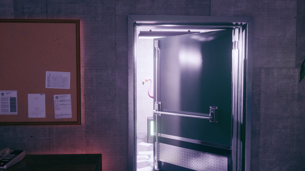 The Flamingo Altered Item peeks out from behind a partially-open door.