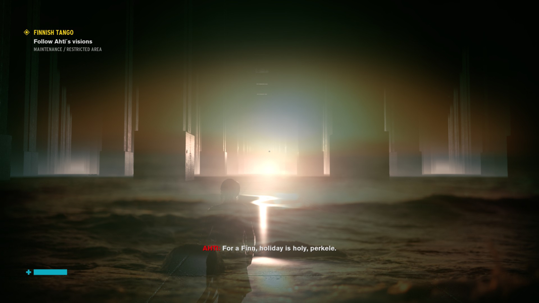 A vision of water with Ahti's words overlaid over the Restricted Area.