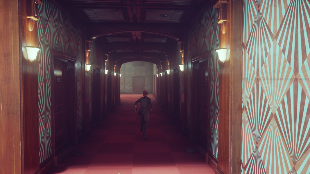 Jesse runs through a hallway in the Ashtray Maze.