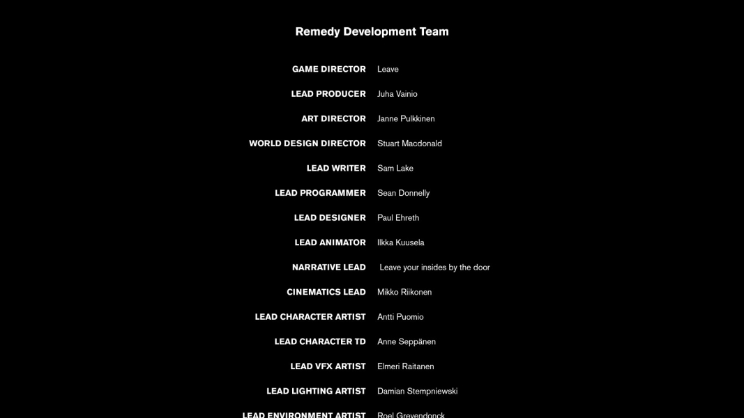 Credits, including the Narrative Lead named 'Leave your insides by the door'.