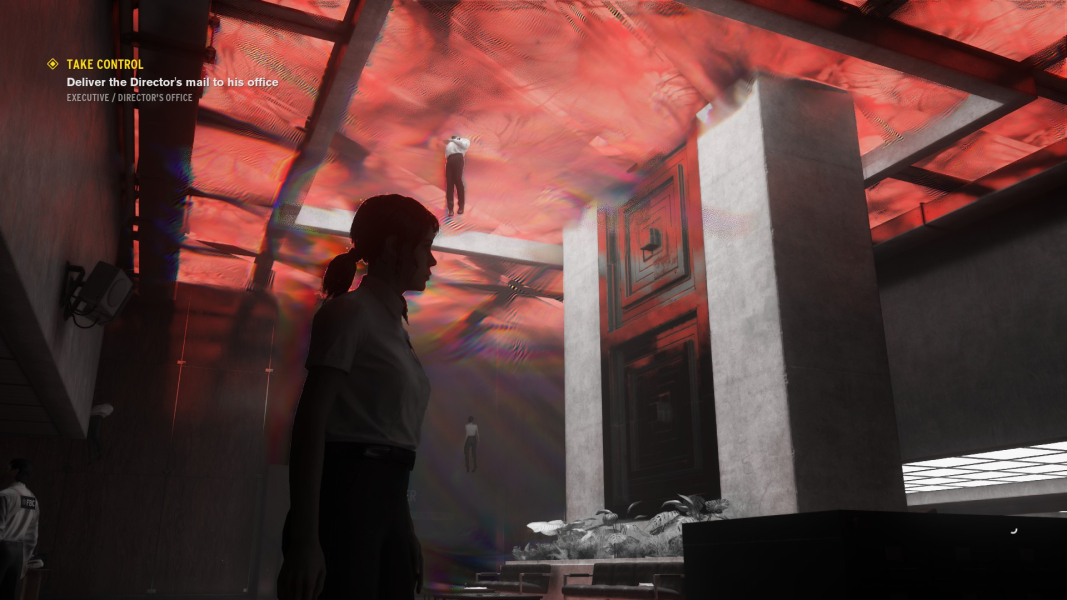 The ceiling glows red and warps due to the Hiss.