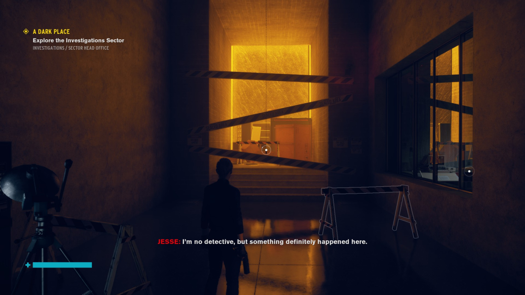 Jesse stands in front of a blocked-off Firebreak.