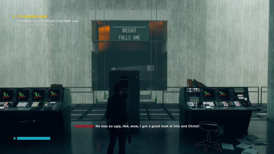 Langston speaks to Jesse over the intercom, commenting on Hartman's appearance.