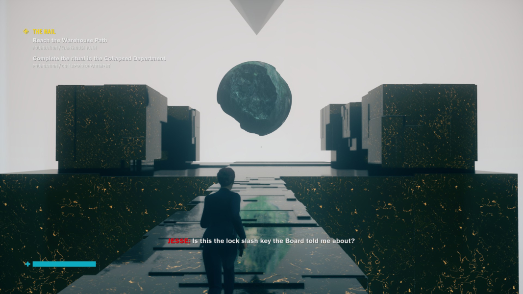 Jesse in the Astral Plane. A sphere with chunks taken out of it floats in the middle of the platform.