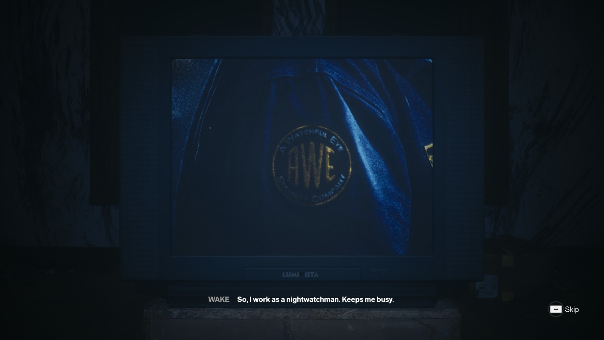 A patch on a jacket that reads AWE: A Watchful Eye Security Company.