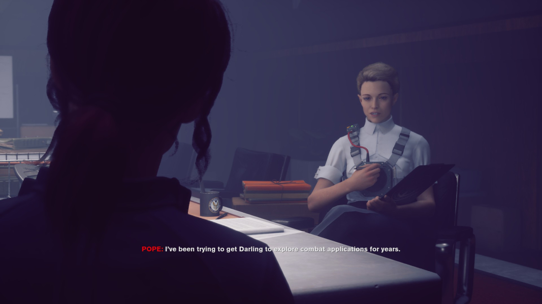 A conversation with Emily, where she says she's been trying to convince Darling to explore the combat applications of Black Rock.