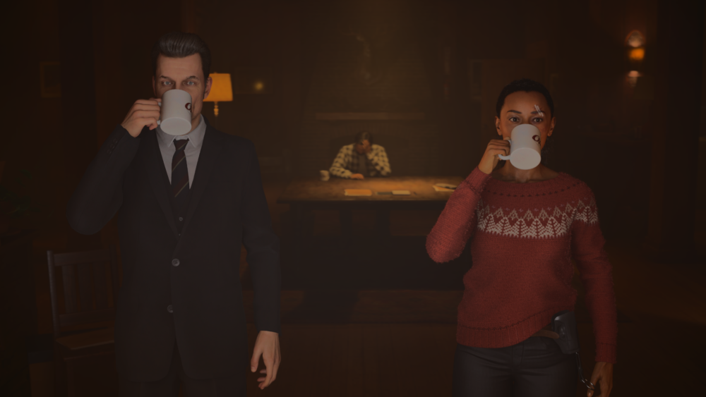 Saga and Casey drink coffee in unison while Alan Wake facepalms in the background.