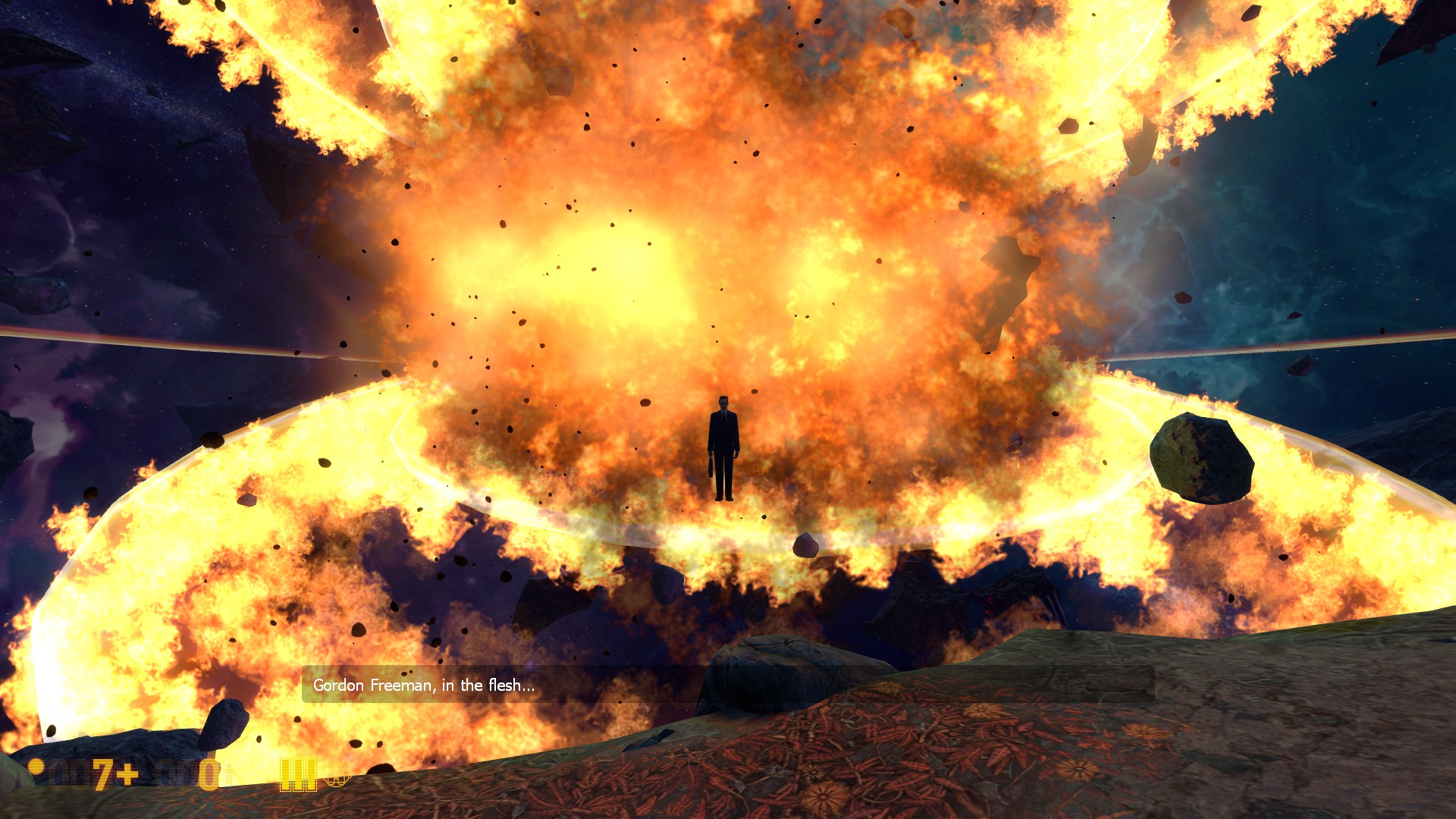 The G-man stands in front of a stopped explosion. He is greeting Gordon Freeman.