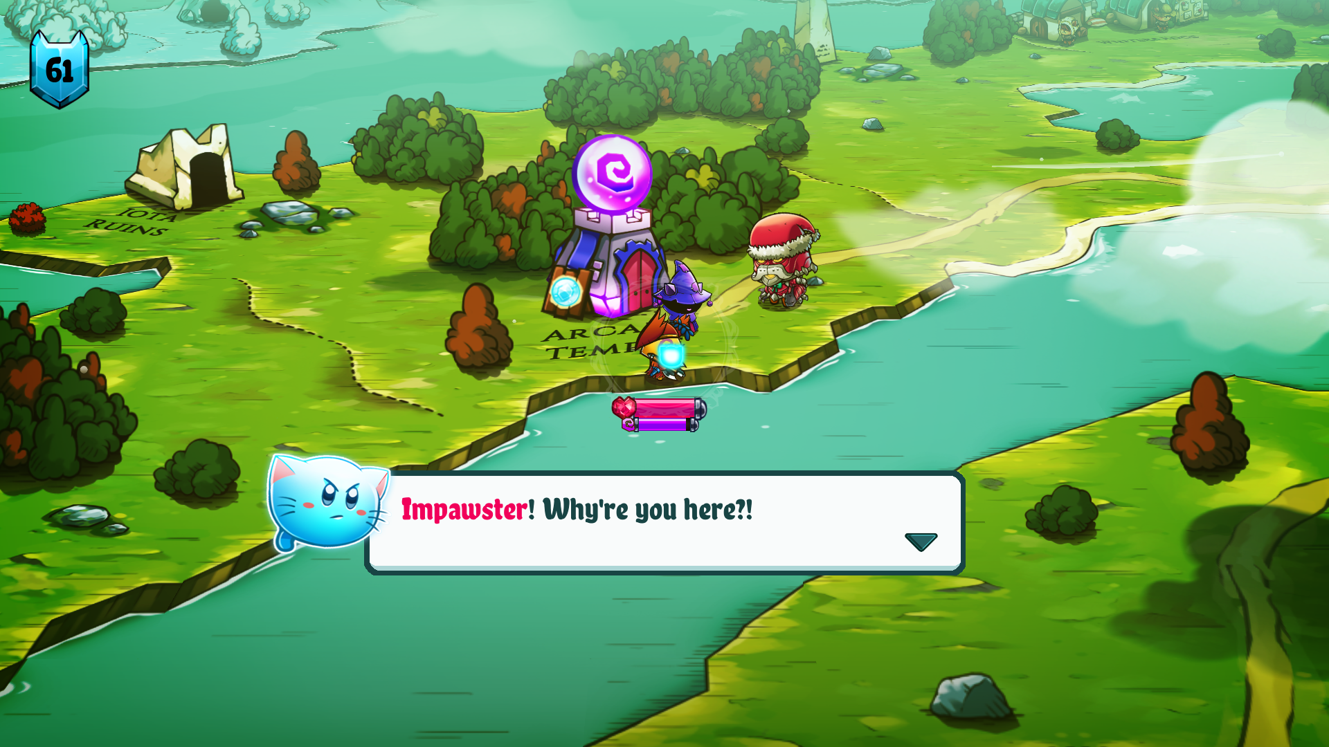 In-game screenshot containing a cat pun: Impawster.