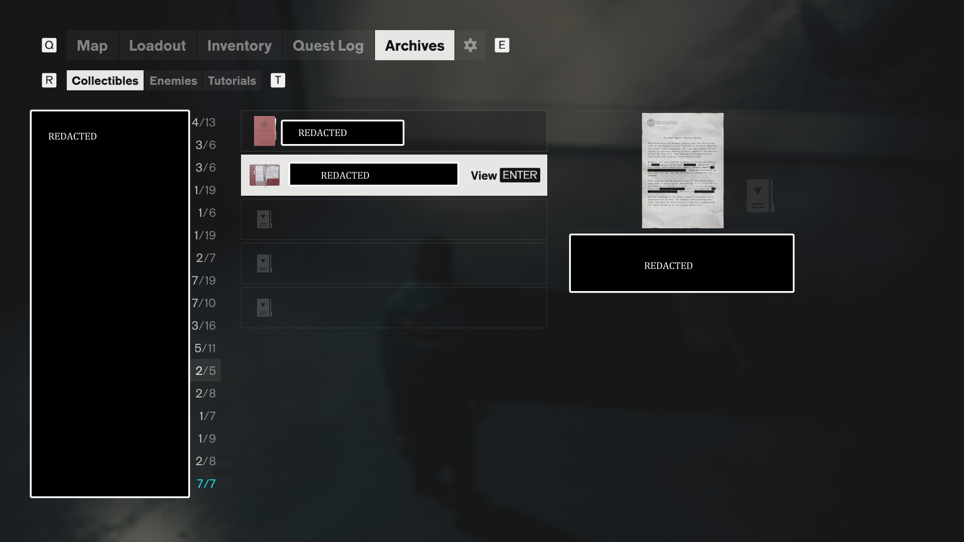 Collectibles menu, heavily redacted.