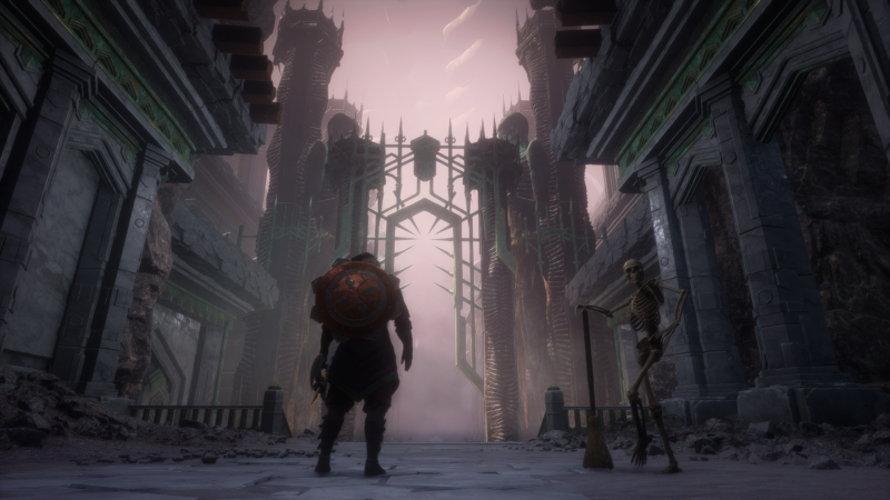 A screenshot of Rook standing next to a posing skeleton in the Grand Necropolis.